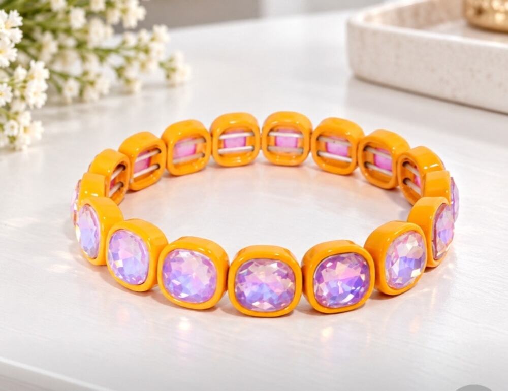 Boho Orange Alloy AB Pink Purple Rhinestone Stretch Bracelet New